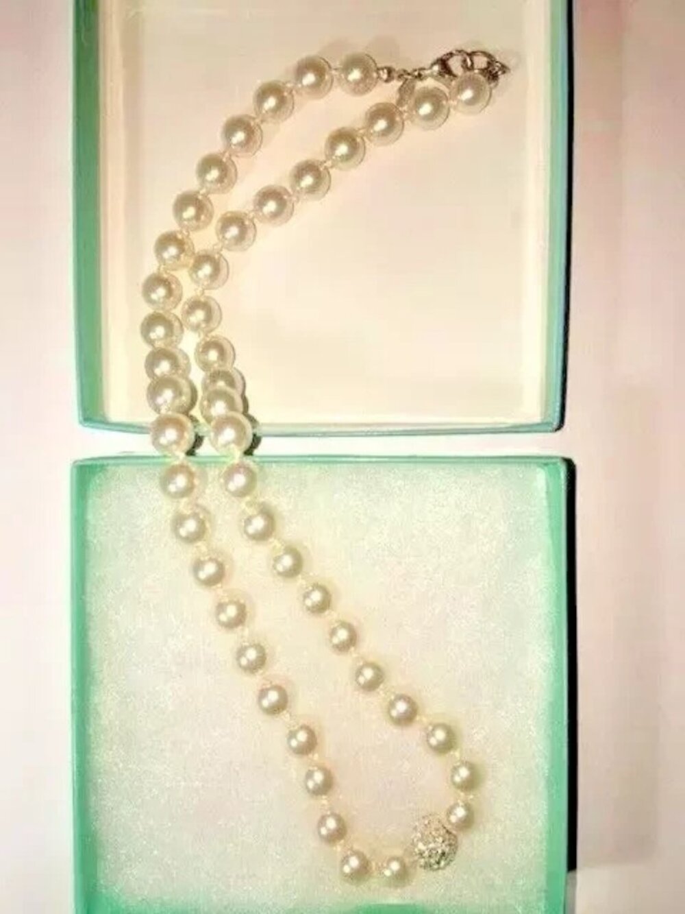 Vintage RMN Pearl And Silver Rhinestone Necklace Signed